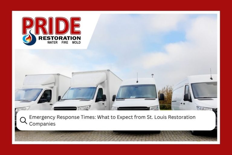 Fleet of white restoration service trucks and vans parked and ready for emergency dispatch in St. Louis